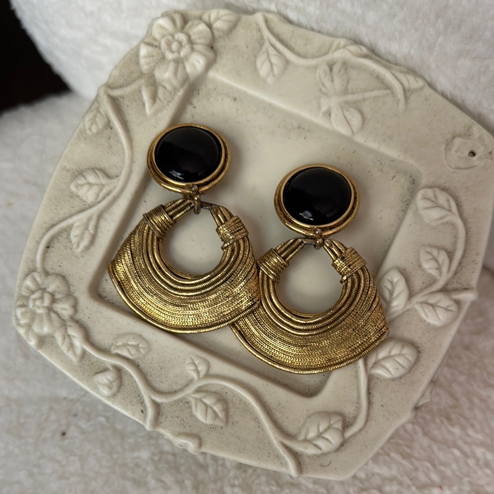 Gold and Black Art Deco Earrings with Crescent Design